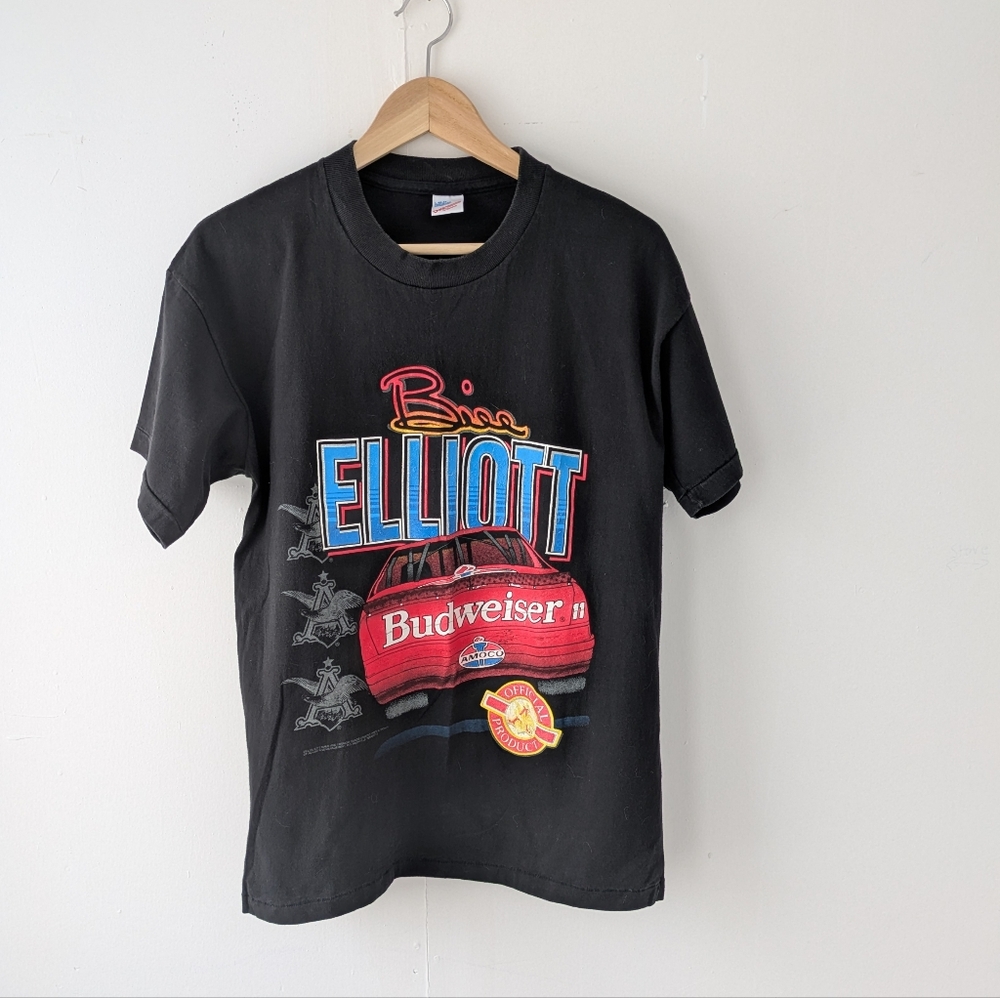 Vintage 90's Nascar Bill Elliot Budweiser T-Shirt with Car Graphic Black